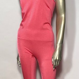 1980s Pink Ribbed Jumpsuit Nylon Lycra Medium